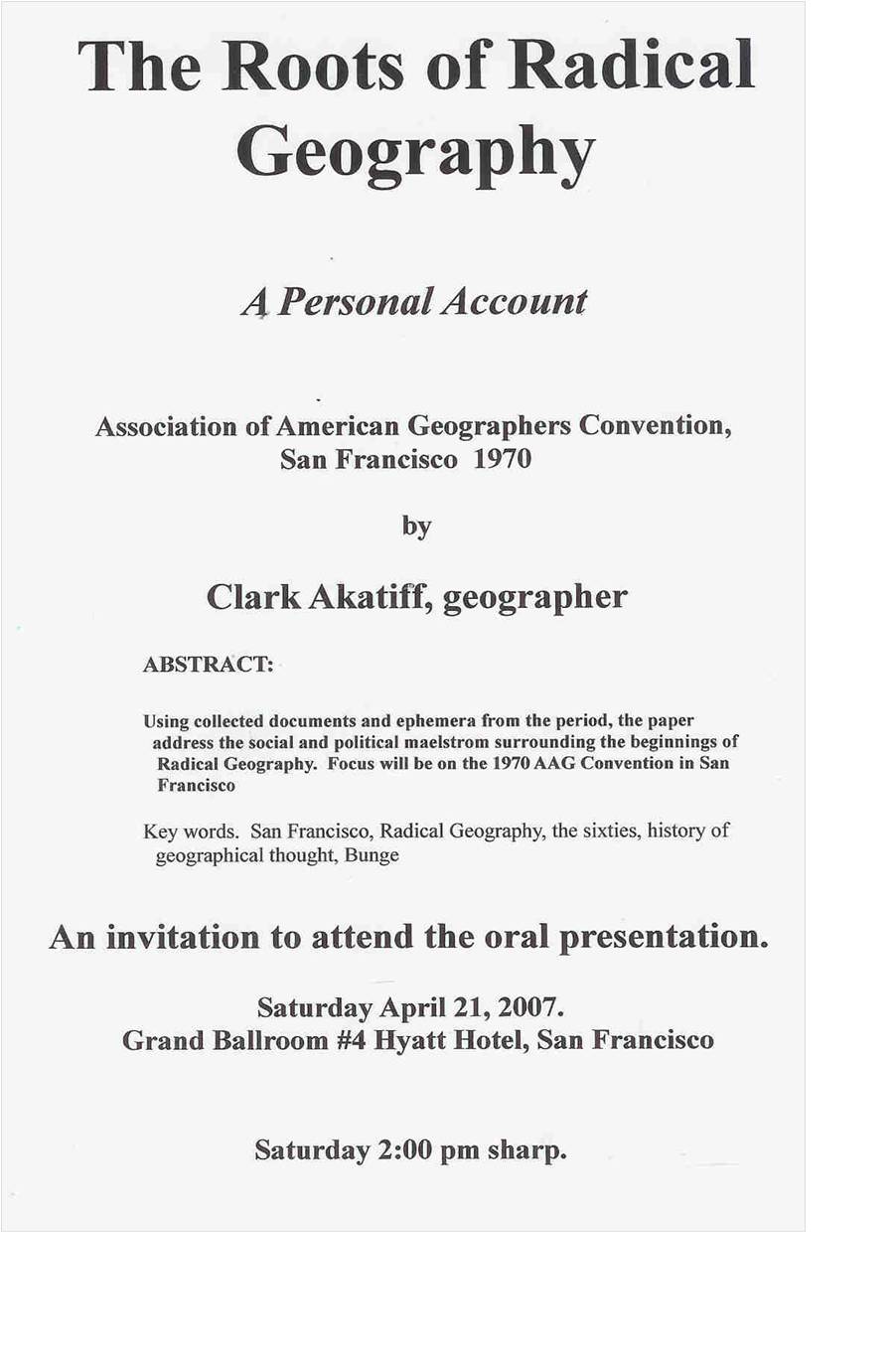 The roots of radical geography (2007 AAG annual meeting, San Francisco)